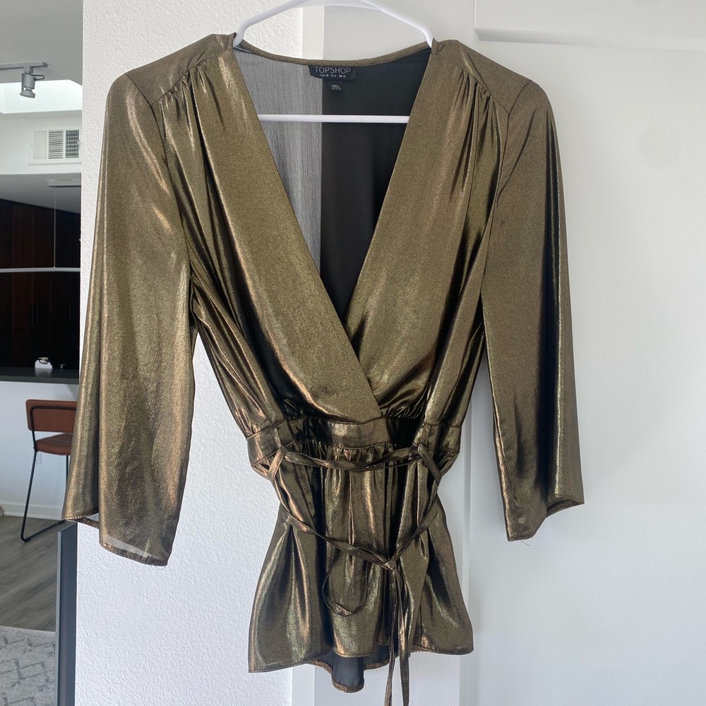 TopShop Gold Metallic Wrap Top